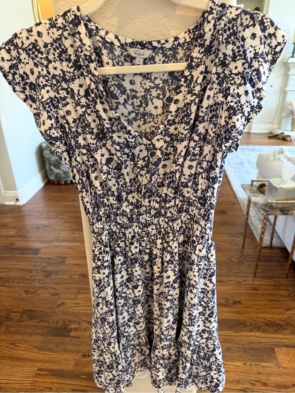 Rails Navy and White Floral Smocked Waist Mini Dress